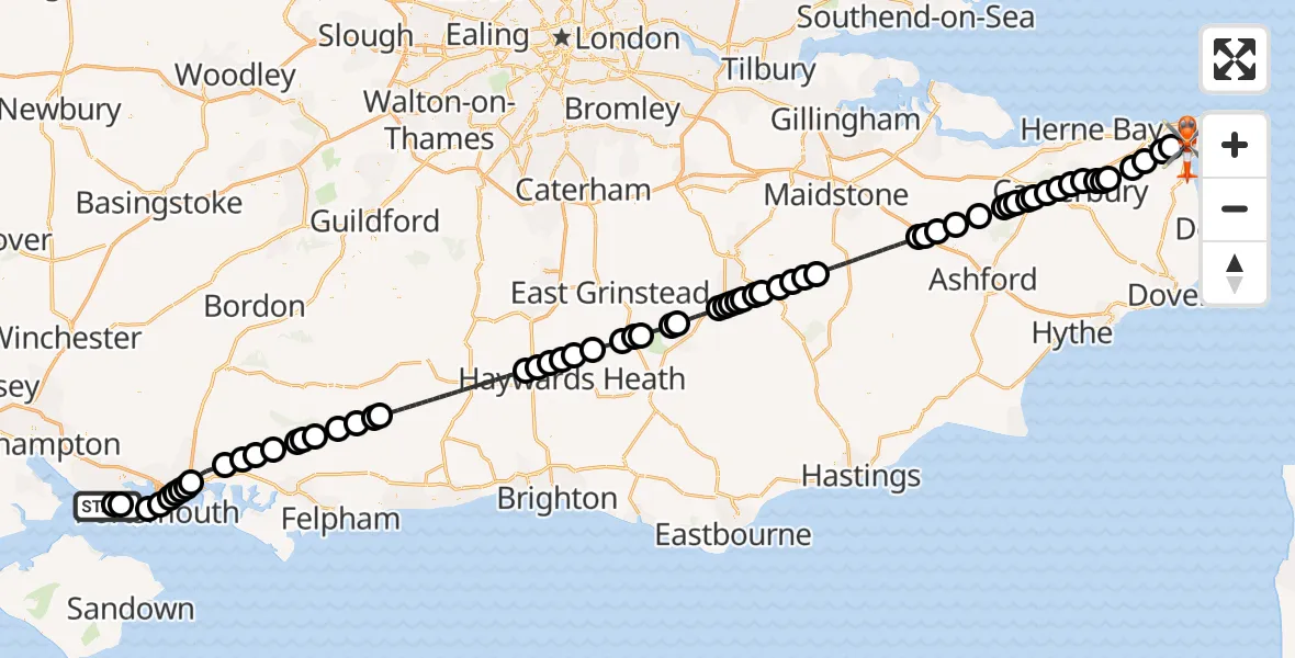 Flight path map showing Coastguard Helicopter route from Solent Airport to Manston Airport