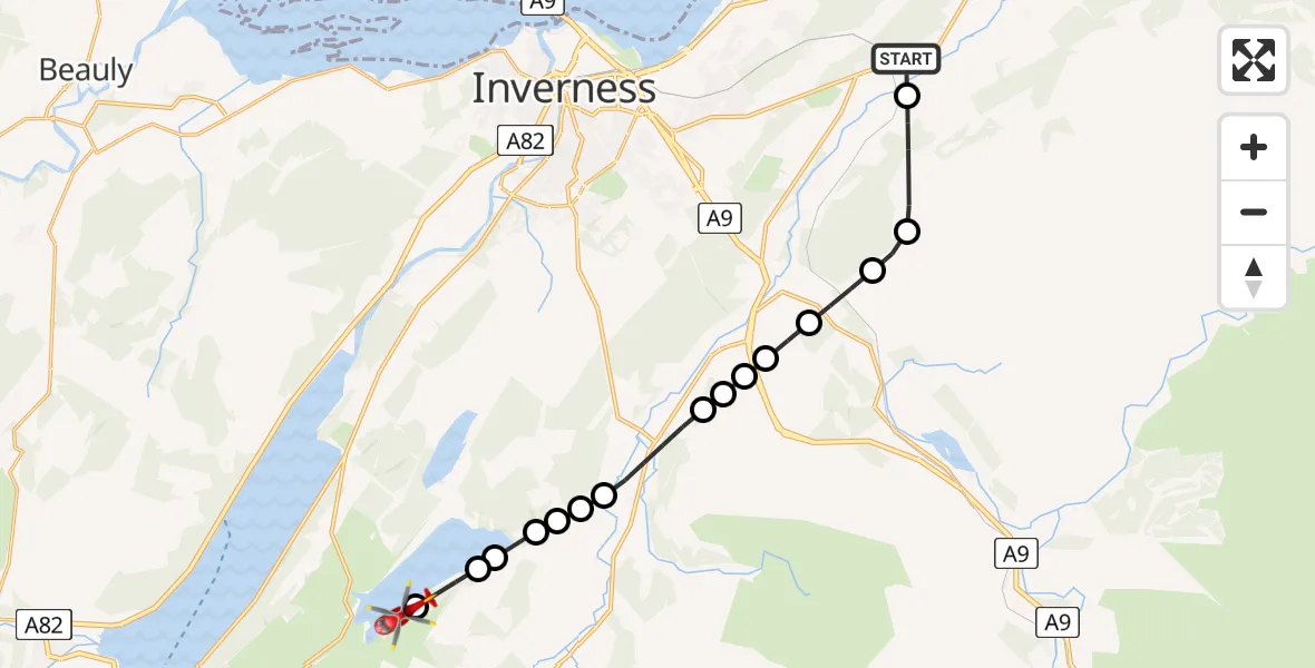 Flight path map showing Air Ambulance Helicopter route from Inverness to Dail Crombaidh