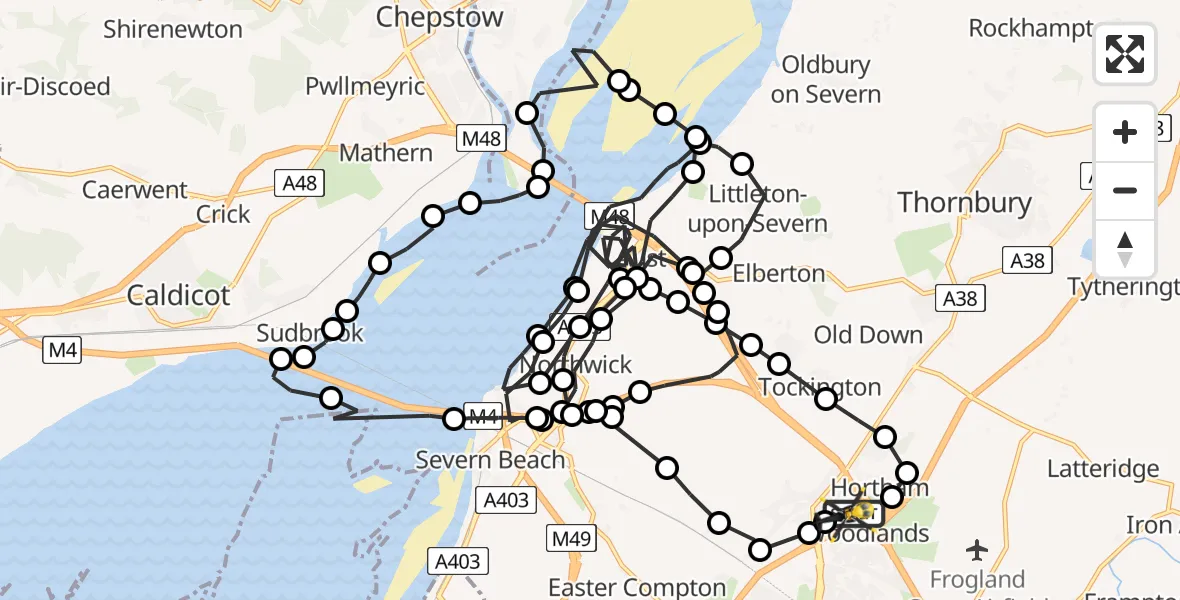 Flight path map showing Police Helicopter route from Almondsbury Helicopter Base to Almondsbury Helicopter Base