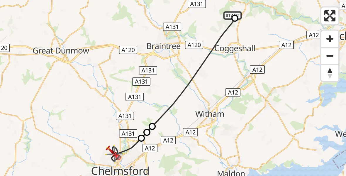 Flight path map showing Air Ambulance Helicopter route from Earls Colne Airfield to Chelmsford