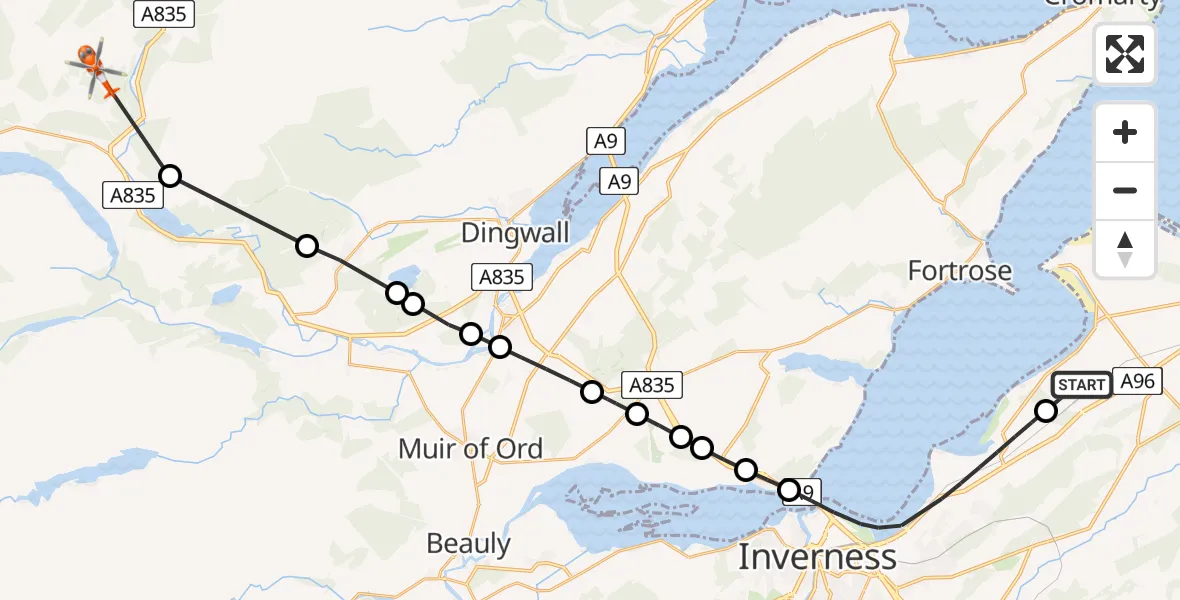 Flight path map showing Coastguard Helicopter route from Inverness Airport to Highland