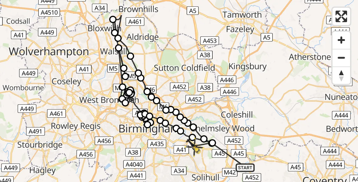 Flight path map showing Police Helicopter route from Solihull to Yardley