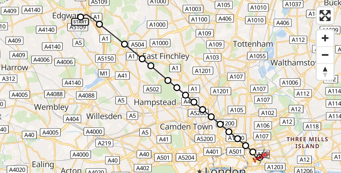 Flight path map showing Air Ambulance Helicopter route from Deansbrook Infant and Junior Schools to Royal London Hospital