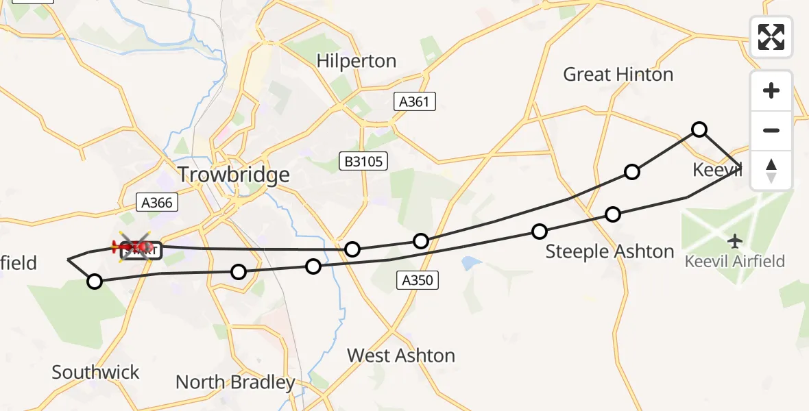 Flight path map showing Air Ambulance Helicopter route from Trowbridge to Southwick