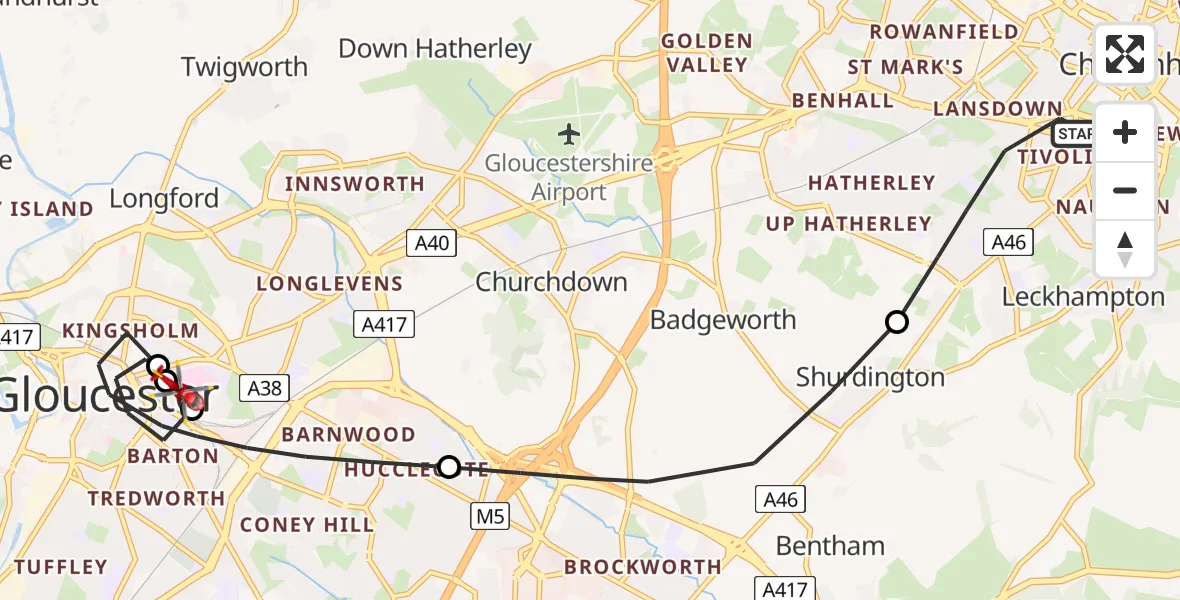 Flight path map showing Air Ambulance Helicopter route from Cheltenham to Gloucester