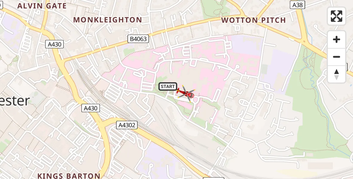 Flight path map showing Air Ambulance Helicopter route from Gloucester Royal Hospital to Gloucester