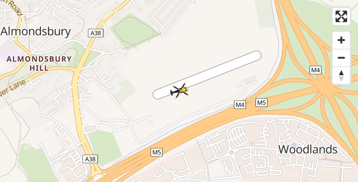 Flight path map showing Police Helicopter route from Almondsbury Helicopter Base to Almondsbury Helicopter Base