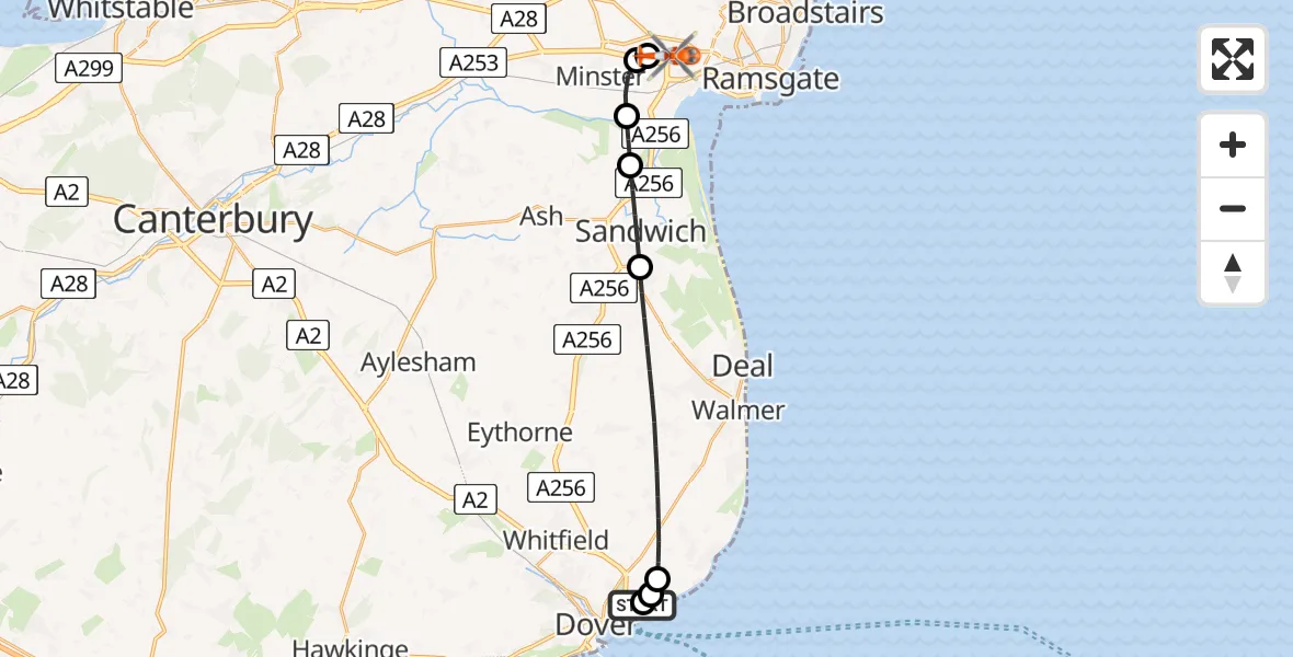 Flight path map showing Coastguard Helicopter route from Langdon Battery Heliport to Manston Airport
