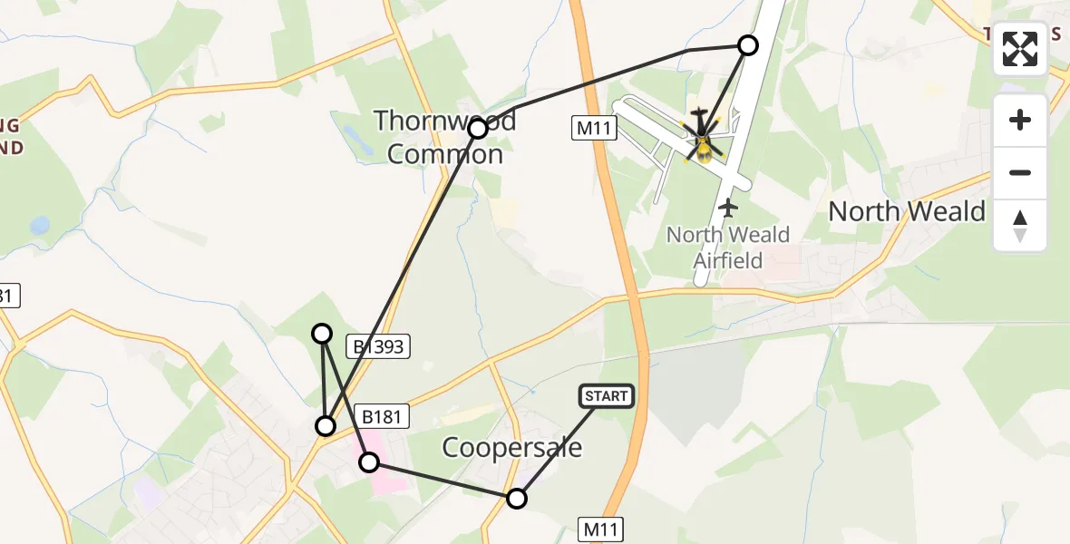 Flight path map showing Police Helicopter route from North Weald Bassett to North Weald Airfield