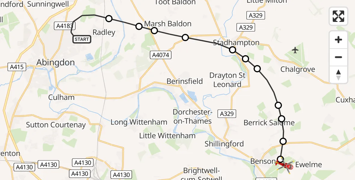 Flight path map showing Air Ambulance Helicopter route from Abingdon to RAF Benson