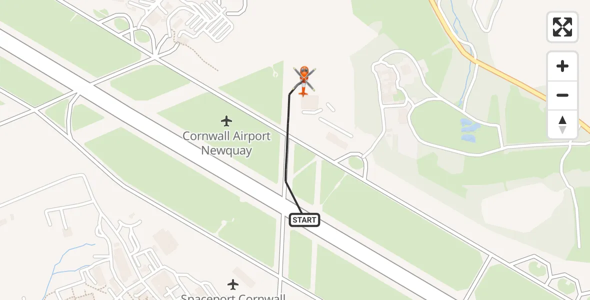 Flight path map showing Coastguard Helicopter route from Cornwall Airport Newquay to Cornwall Airport Newquay