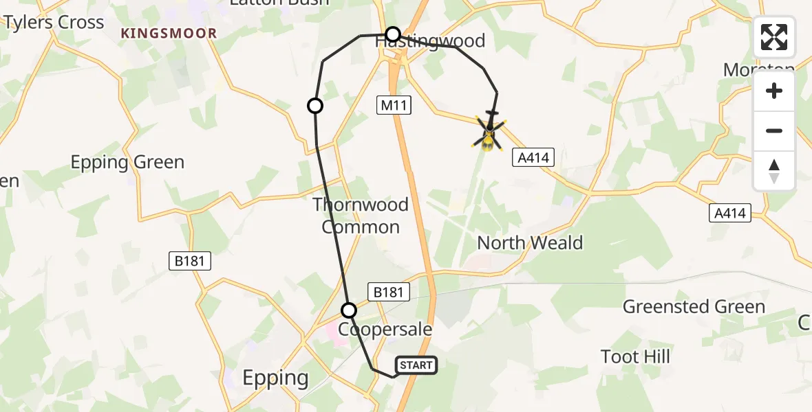 Flight path map showing Police Helicopter route from Coopersale to North Weald Bassett