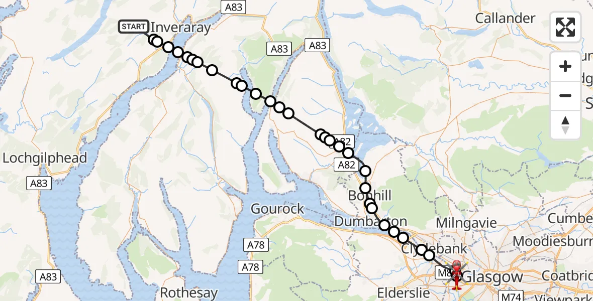 Flight path map showing Air Ambulance Helicopter route from Argyll and Bute to Queen Elizabeth Hospital