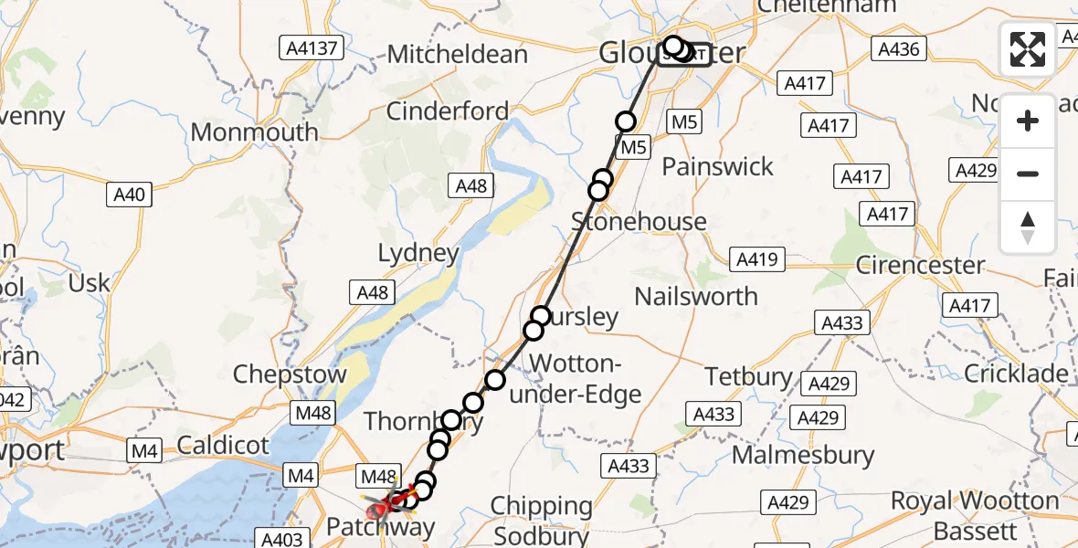 Flight path map showing Air Ambulance Helicopter route from Gloucester Royal Hospital to Almondsbury Helicopter Base