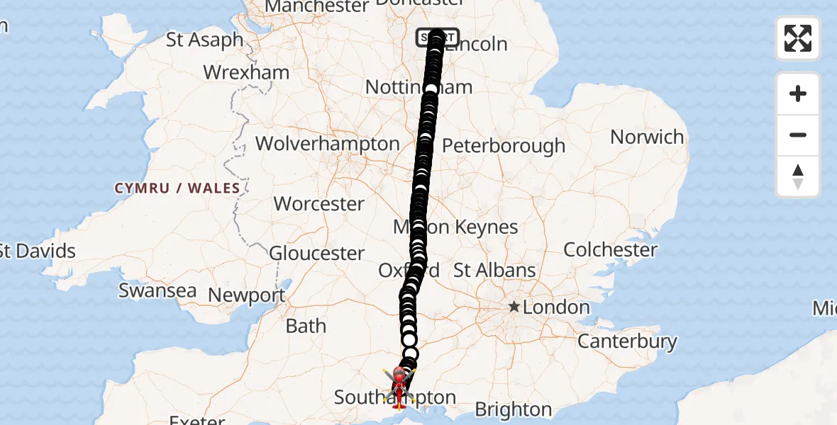 Flight path map showing Air Ambulance Helicopter route from Retford Gamston Airport to Southampton Airport