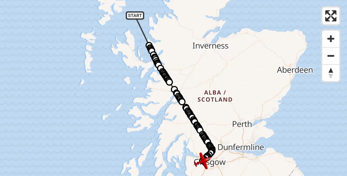 Flight path map showing Air Ambulance Aircraft route from Inner Seas to Glasgow Airport