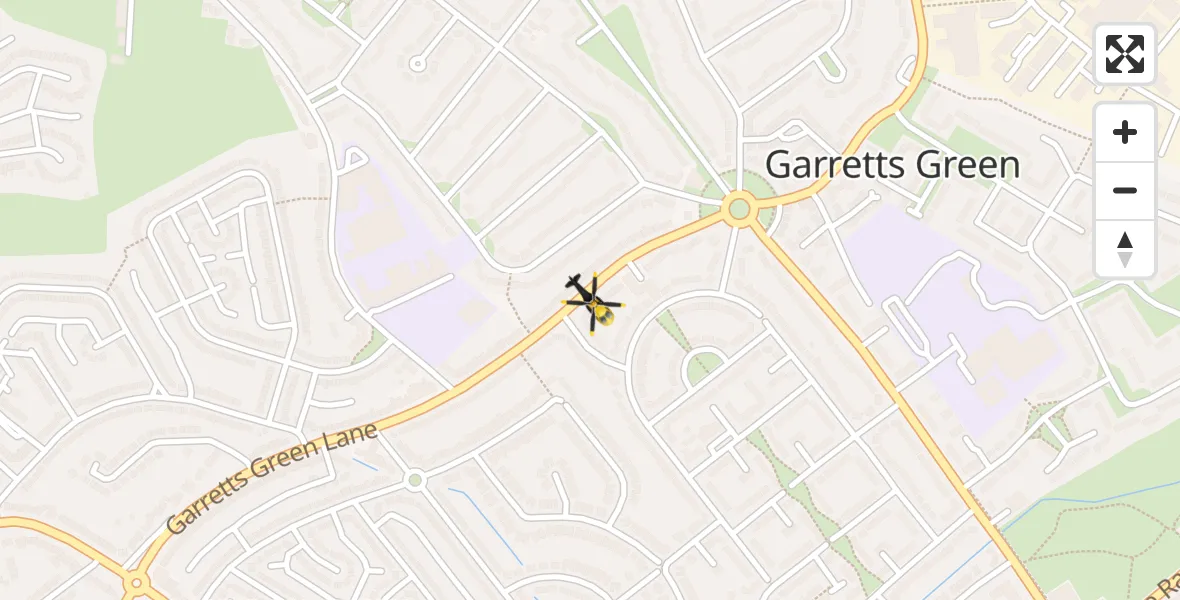 Flight path map showing Police Helicopter route from Garretts Green to Garretts Green