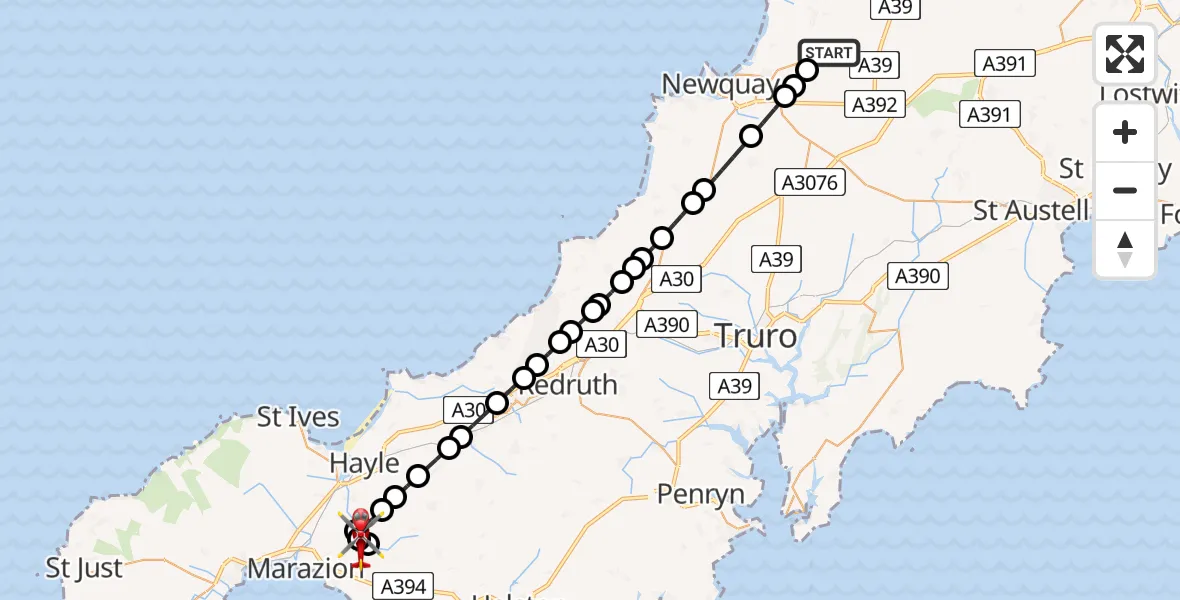 Flight path map showing Air Ambulance Helicopter route from Cornwall Airport Newquay to Relubbus
