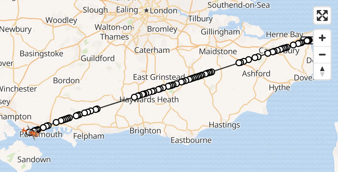 Flight path map showing Coastguard Helicopter route from Manston Airport to Lee-on-the-Solent