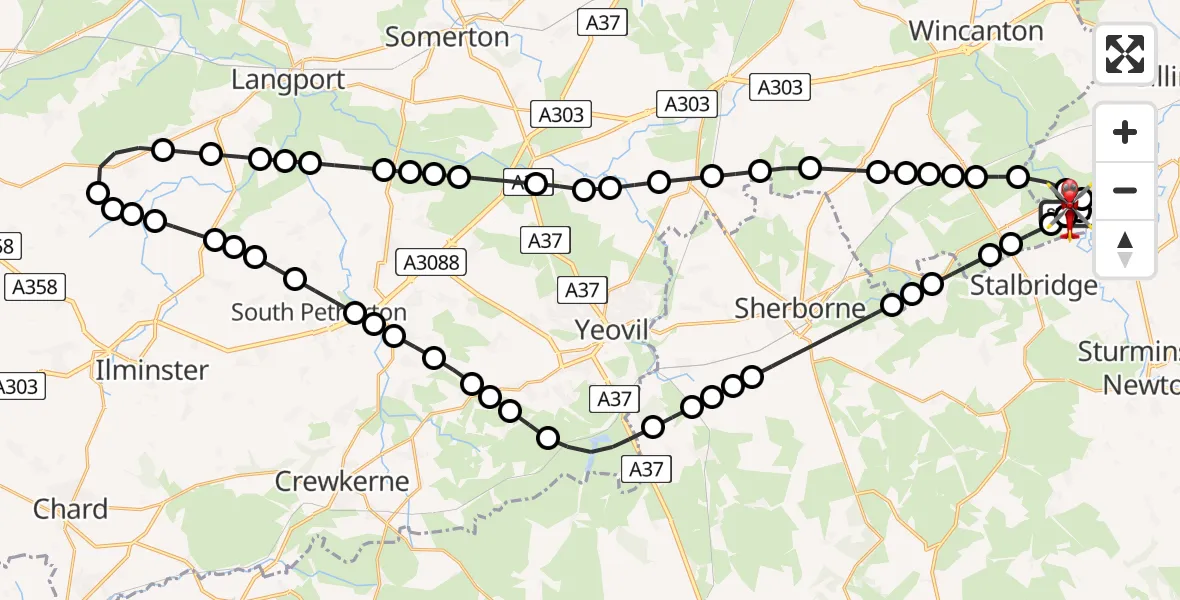 Flight path map showing Air Ambulance Helicopter route from Henstridge Airfield to Henstridge Airfield