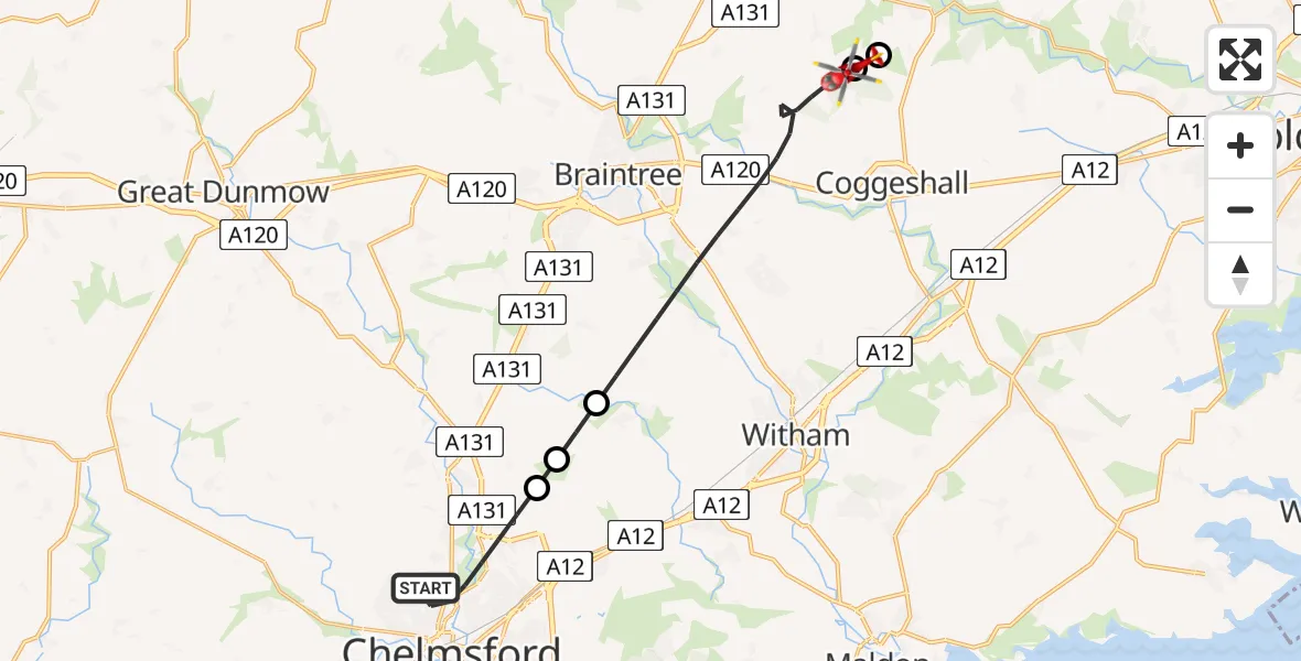 Flight path map showing Air Ambulance Helicopter route from Chelmsford to Braintree