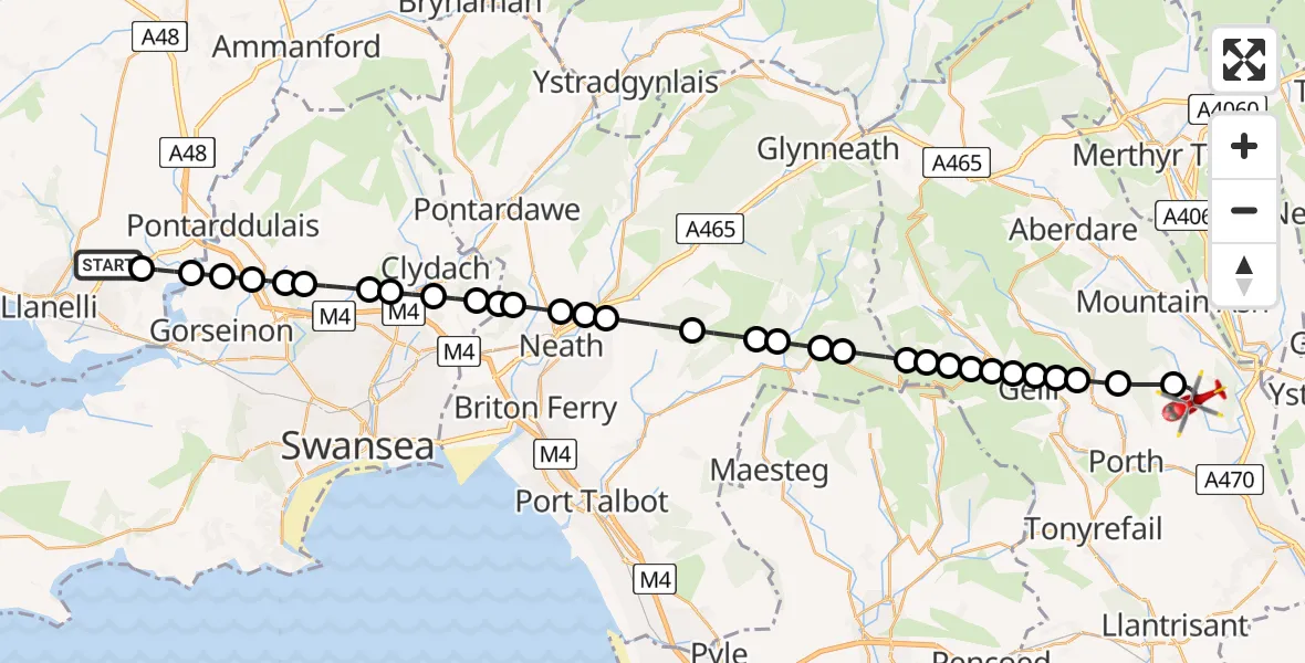 Flight path map showing Air Ambulance Helicopter route from Dafen to Ynysybwl