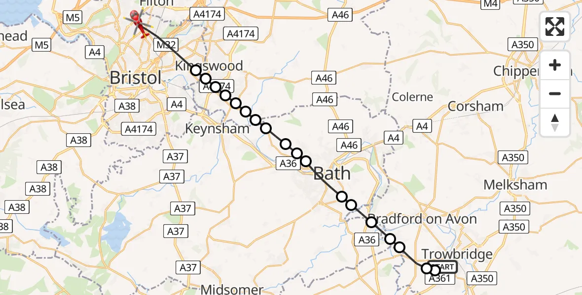 Flight path map showing Air Ambulance Helicopter route from Trowbridge to Bristol