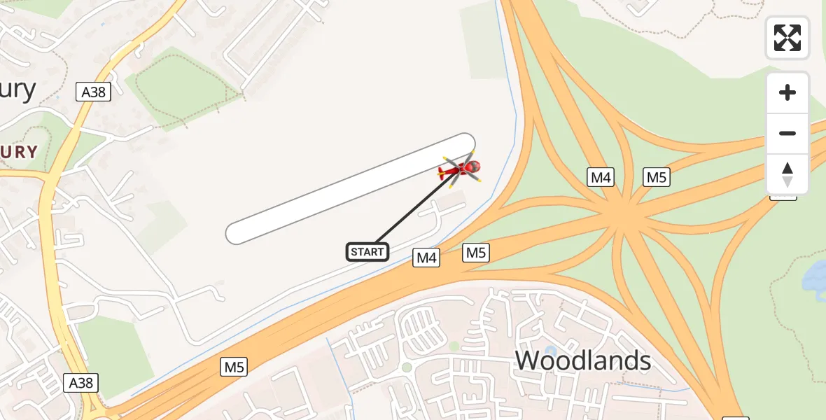 Flight path map showing Air Ambulance Helicopter route from Almondsbury Helicopter Base to Almondsbury Helicopter Base