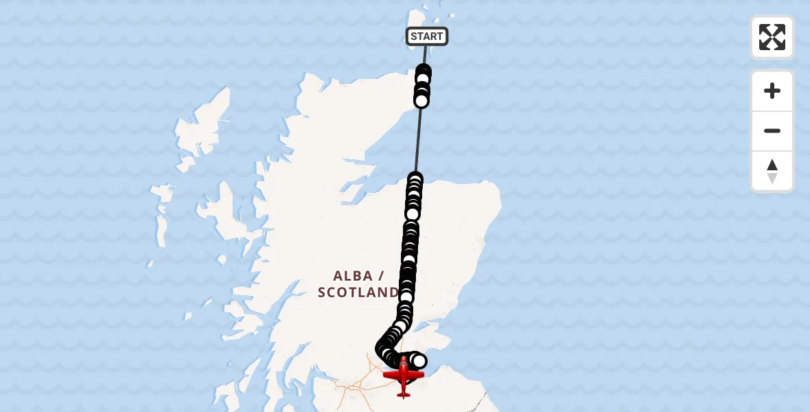 Flight path map showing Air Ambulance Aircraft route from North Atlantic Ocean to Edinburgh Airport