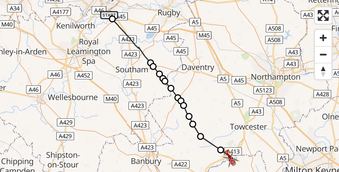 Flight path map showing Air Ambulance Helicopter route from Warwick to Syresham