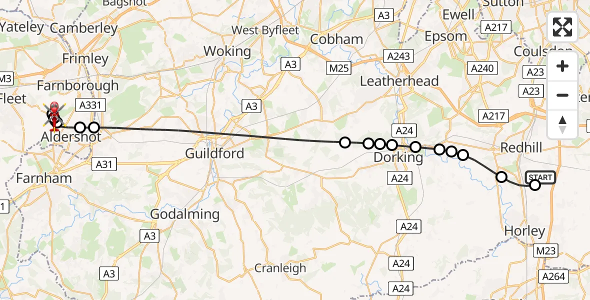 Flight path map showing Air Ambulance Helicopter route from Redhill Aerodrome to Farnborough Airport