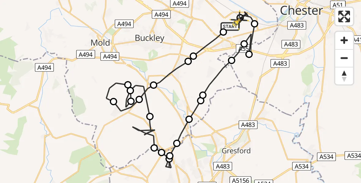 Flight path map showing Police Helicopter route from Hawarden Airport to Hawarden Airport