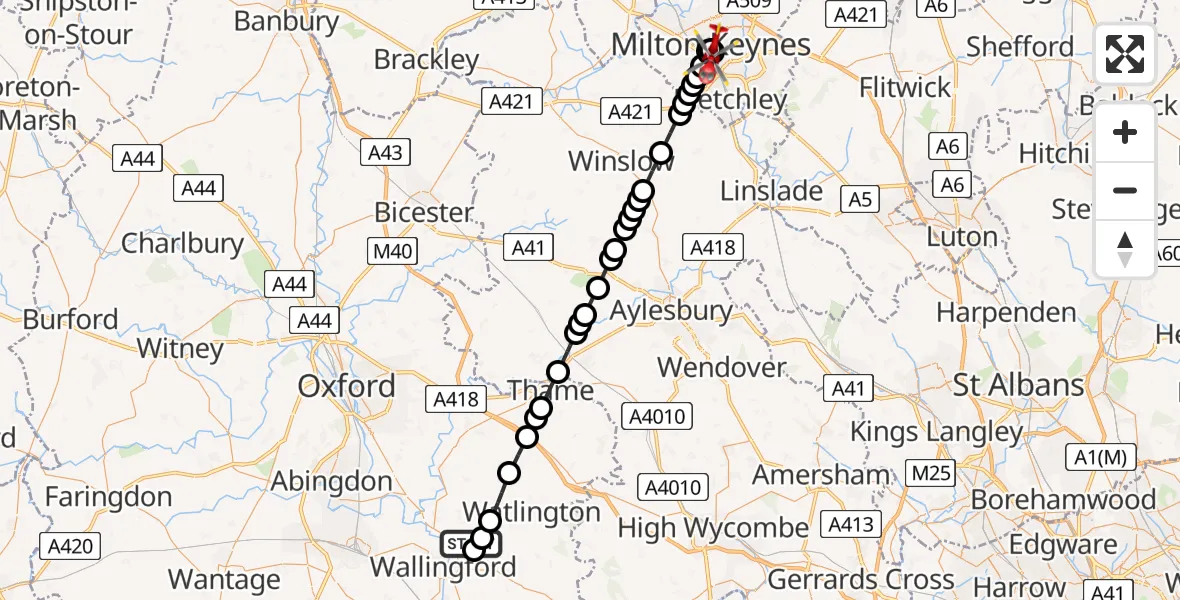 Flight path map showing Air Ambulance Helicopter route from RAF Benson to Oldbrook