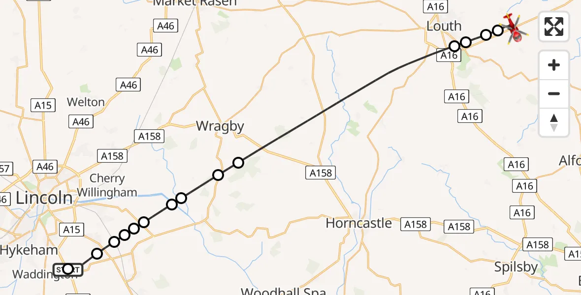 Flight path map showing Air Ambulance Helicopter route from RAF Waddington to Grimoldby