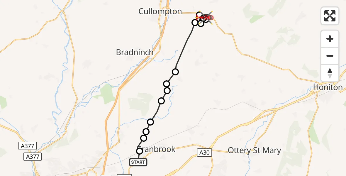 Flight path map showing Air Ambulance Helicopter route from Exeter International Airport to Kerswell