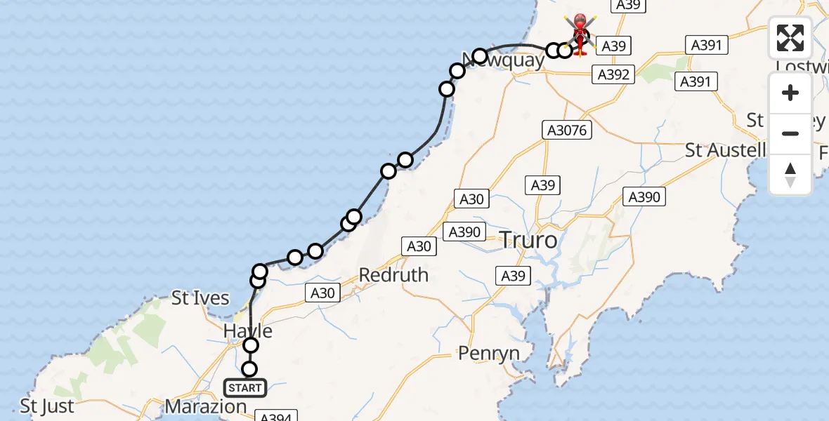 Flight path map showing Air Ambulance Helicopter route from Relubbus to Cornwall Airport Newquay