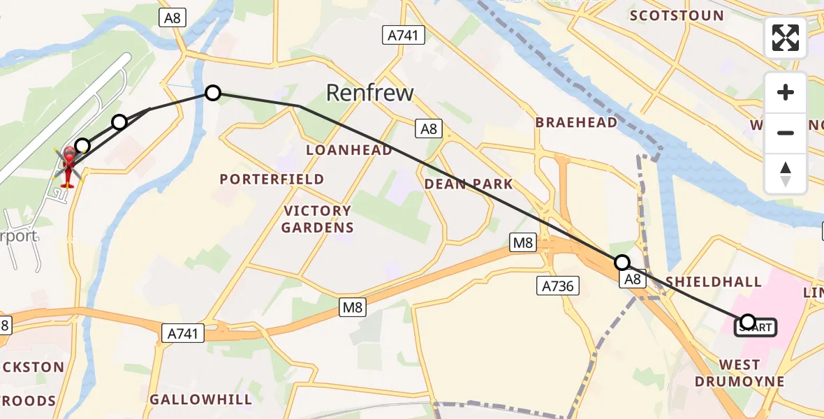 Flight path map showing Air Ambulance Helicopter route from Queen Elizabeth Hospital to Glasgow Airport
