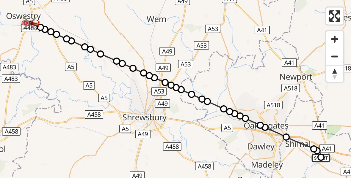 Flight path map showing Air Ambulance Helicopter route from RAF Cosford to Oswestry