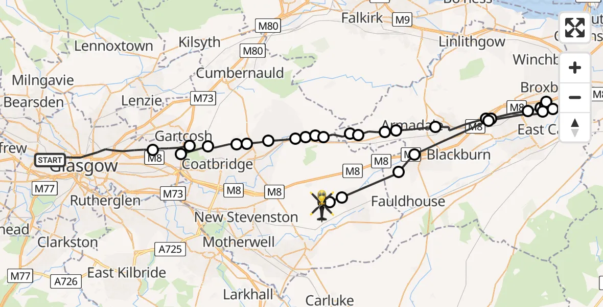Flight path map showing Police Helicopter route from Glasgow to Hartwood
