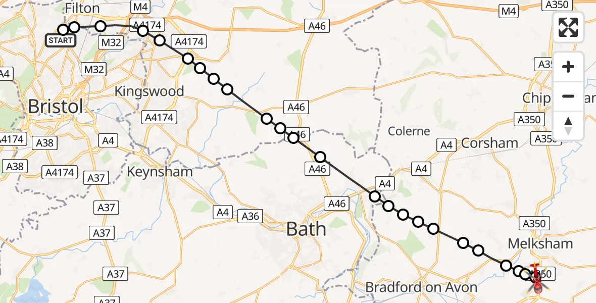 Flight path map showing Air Ambulance Helicopter route from Southmead Hospital to Melksham