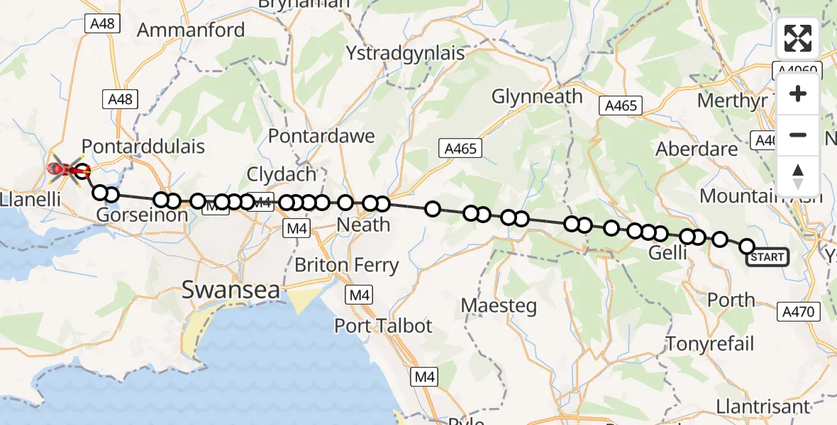 Flight path map showing Air Ambulance Helicopter route from Ynysybwl to Dafen