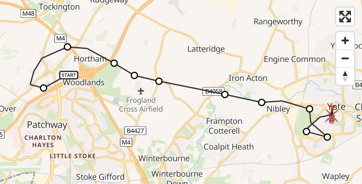 Flight path map showing Air Ambulance Helicopter route from Almondsbury Helicopter Base to Yate
