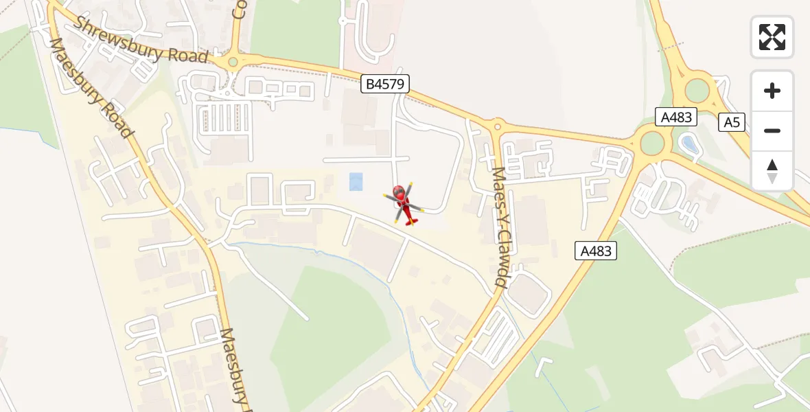Flight path map showing Air Ambulance Helicopter route from Oswestry to Oswestry