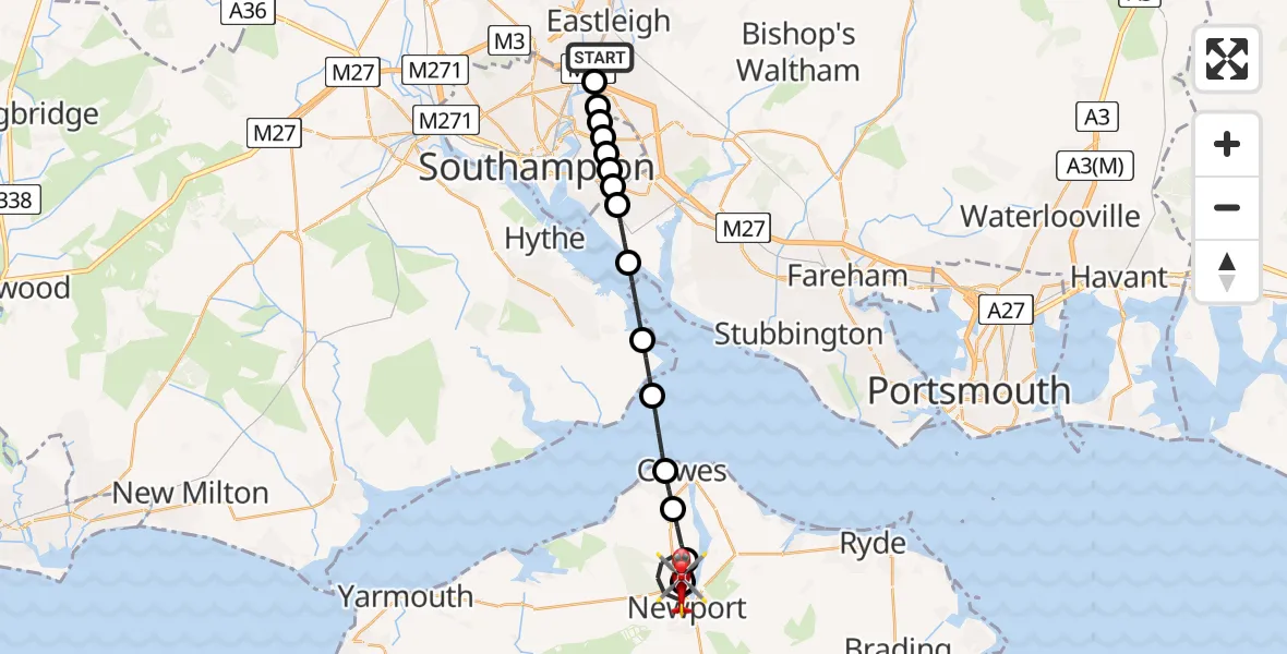 Flight path map showing Air Ambulance Helicopter route from Southampton Airport to St Marys Hospital Isle Of Wight