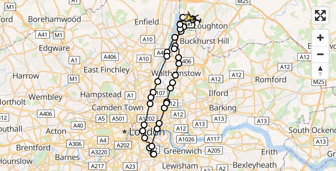 Flight path map showing Police Helicopter route from Chingford to Sewardstonebury