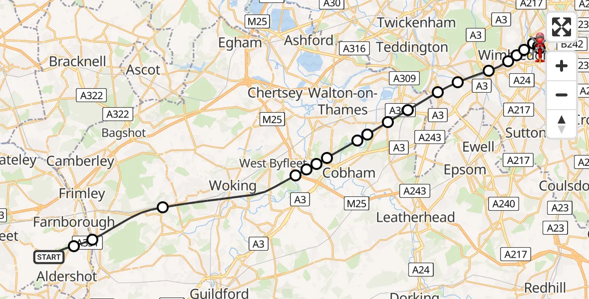 Flight path map showing Air Ambulance Helicopter route from Farnborough Airport to St Georges Hospital