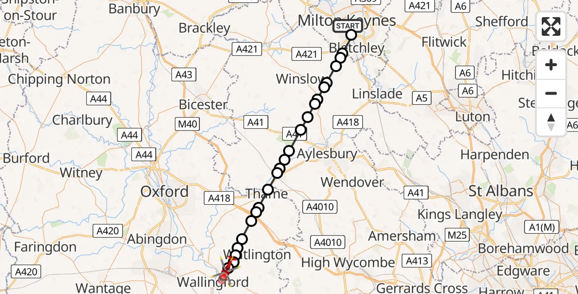 Flight path map showing Air Ambulance Helicopter route from Oldbrook to RAF Benson