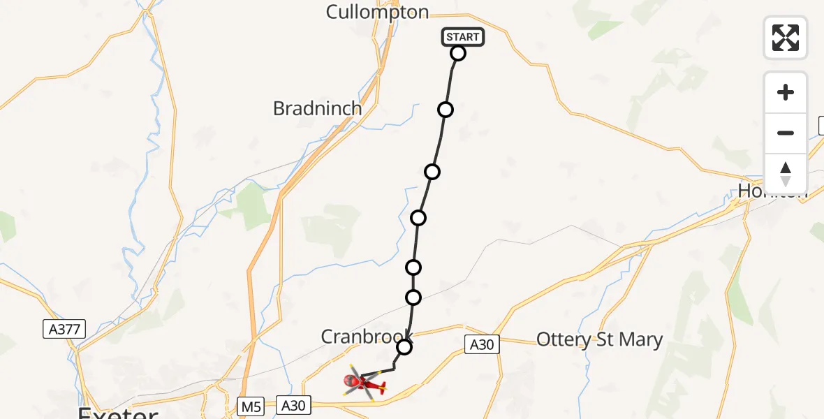 Flight path map showing Air Ambulance Helicopter route from Mid Devon to Exeter International Airport