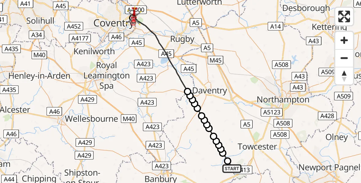 Flight path map showing Air Ambulance Helicopter route from Syresham to Walsgrave