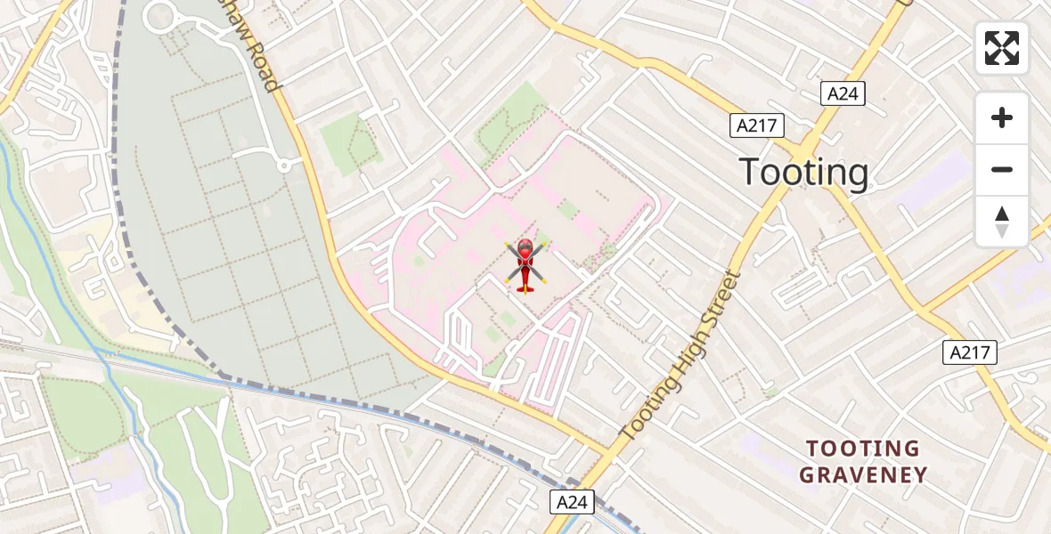 Flight path map showing Air Ambulance Helicopter route from St Georges Hospital to St Georges Hospital